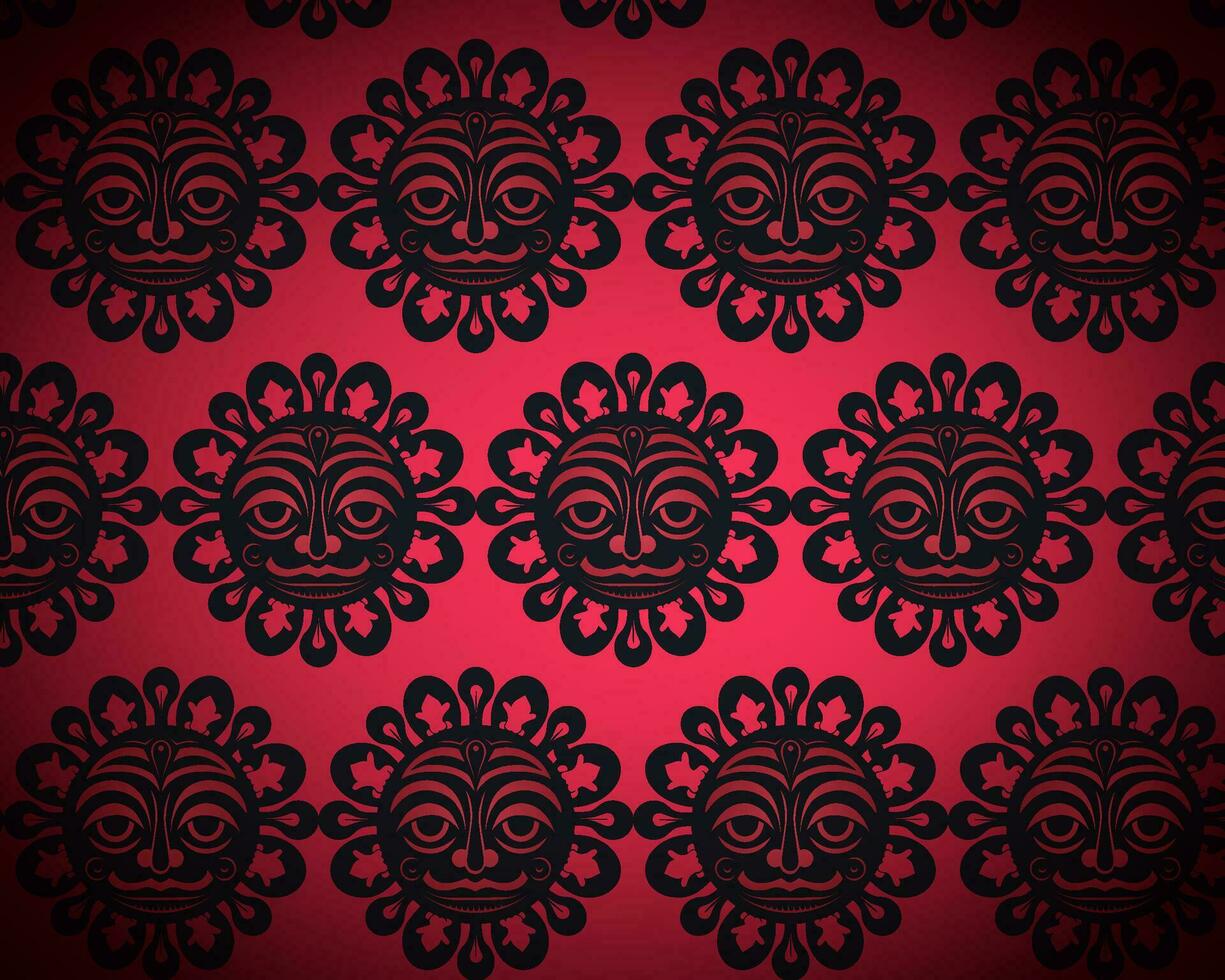 Red and Black Pattern with Sun Faces and Floral Rays vector