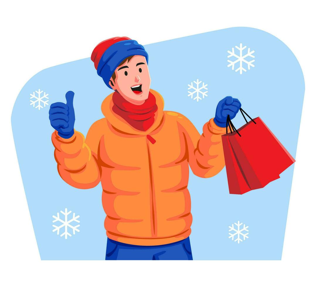 invierno rebaja y un hombre en calentar ropa con compras pantalones vector