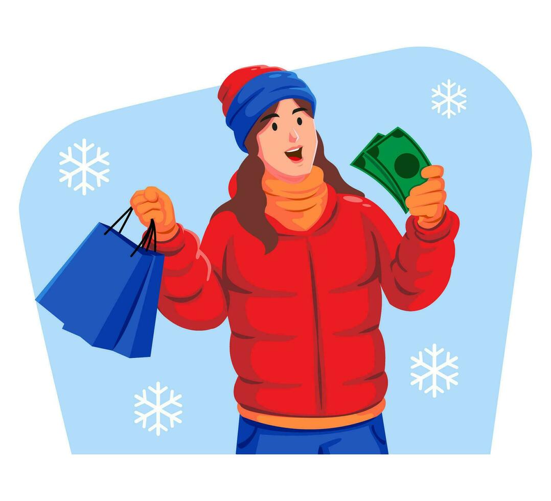 mujer en un invierno chaqueta con invierno sombrero y bufanda participación compras pantalones y dinero vector