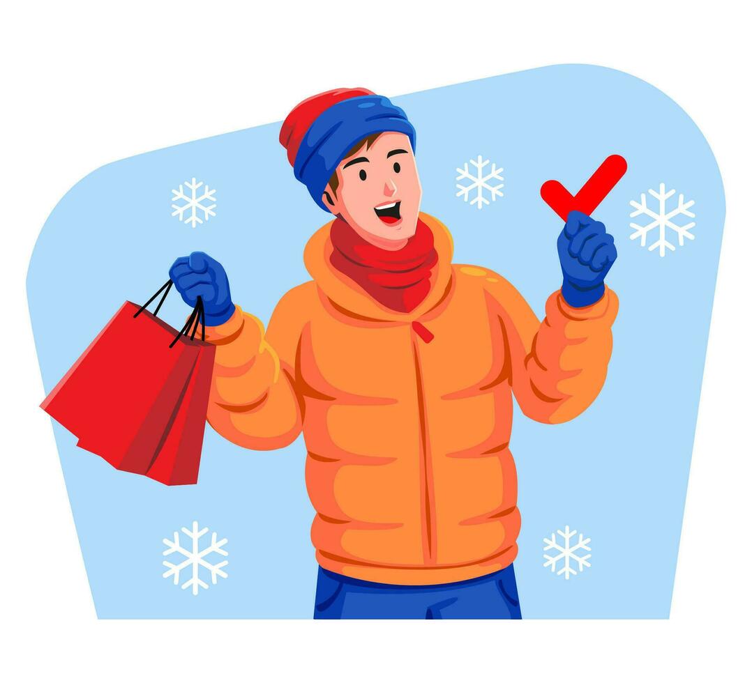 Happy young man in winter clothes holding check mark and shopping bags vector