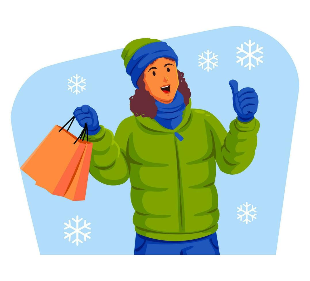 Woman in a winter jacket with winter hat and scarf holding shopping bags vector