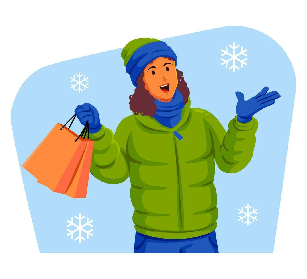 Woman in a winter jacket with winter hat and scarf holding shopping bags vector
