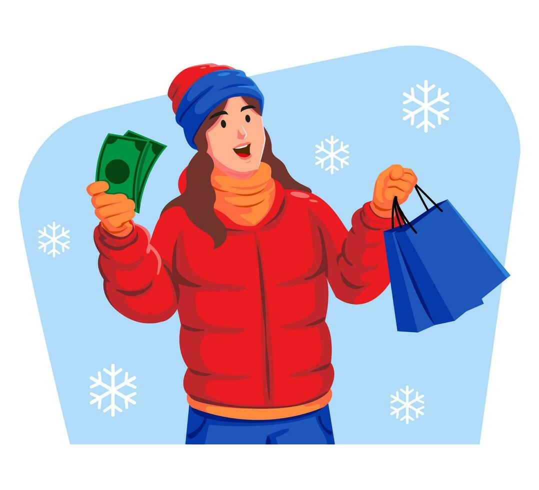 Woman in a winter jacket with winter hat and scarf holding shopping bags and money vector