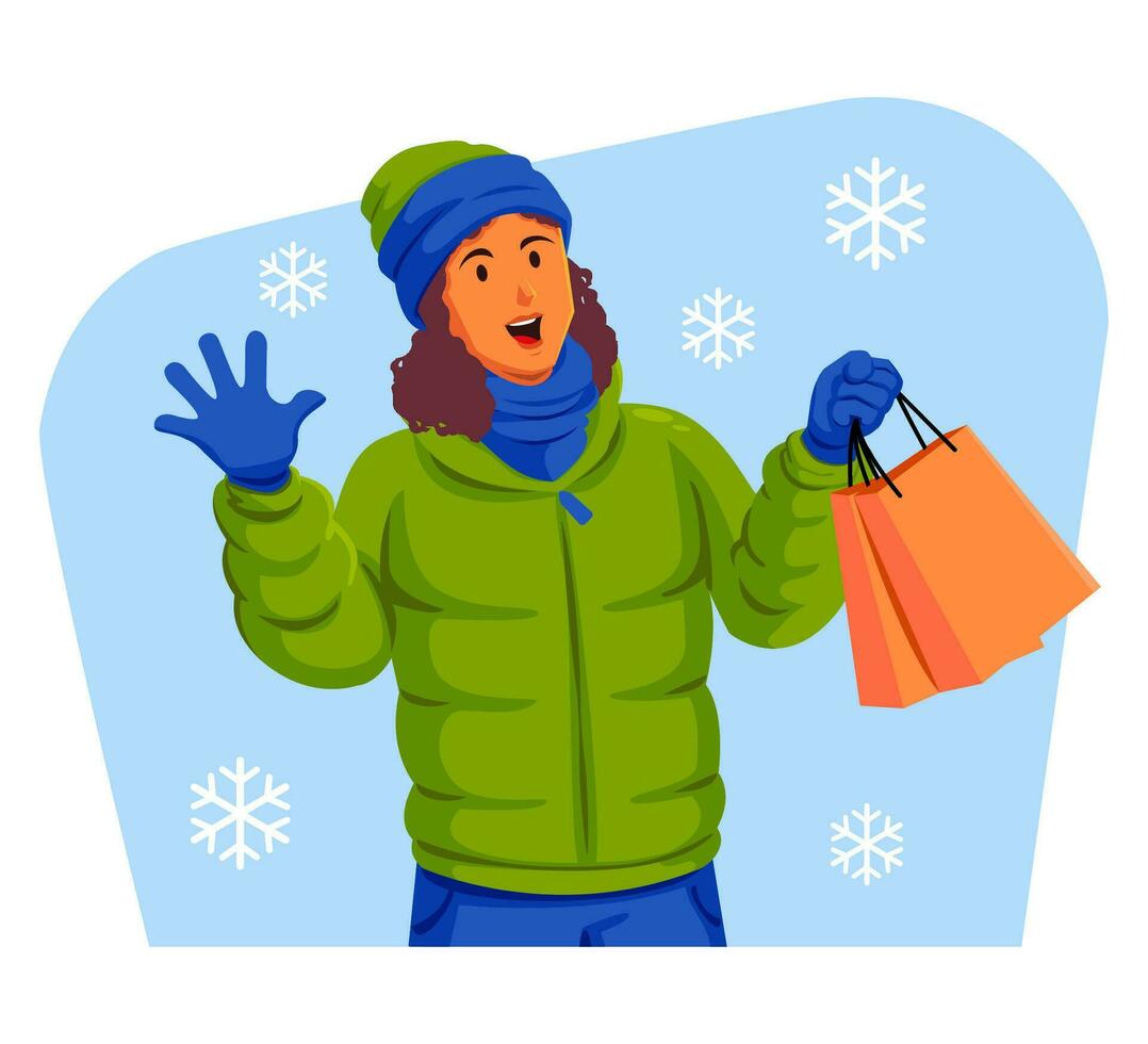 mujer en un invierno chaqueta con invierno sombrero y bufanda participación compras pantalones vector