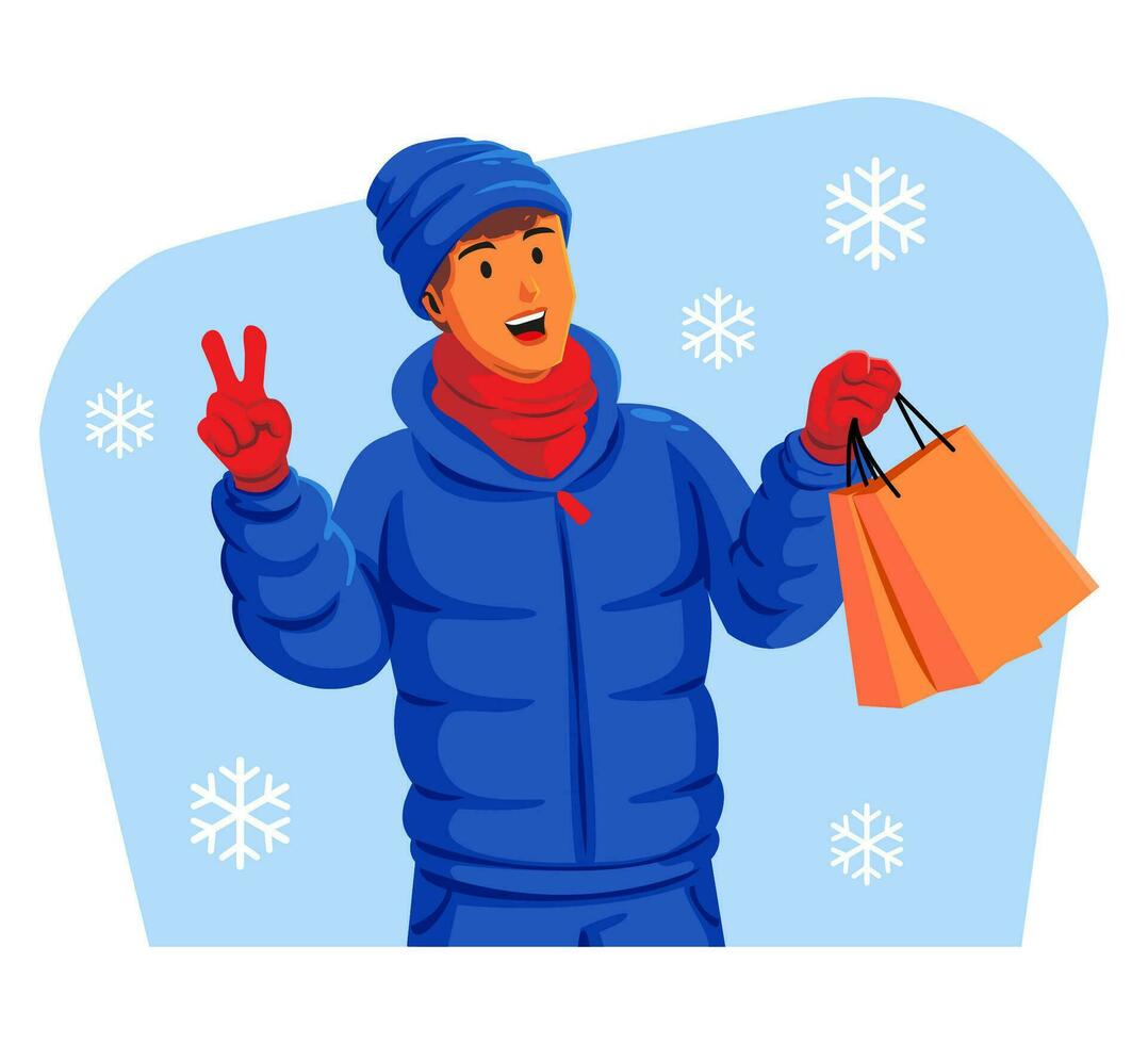 Man in a winter jacket with winter hat and scarf holding shopping bags vector
