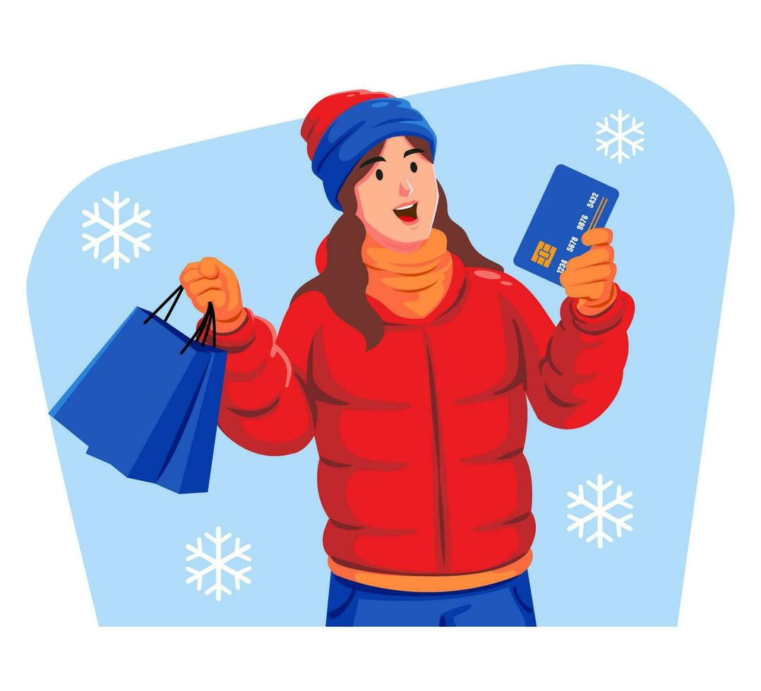 mujer en un invierno chaqueta con invierno sombrero y bufanda participación compras pantalones y crédito tarjeta vector