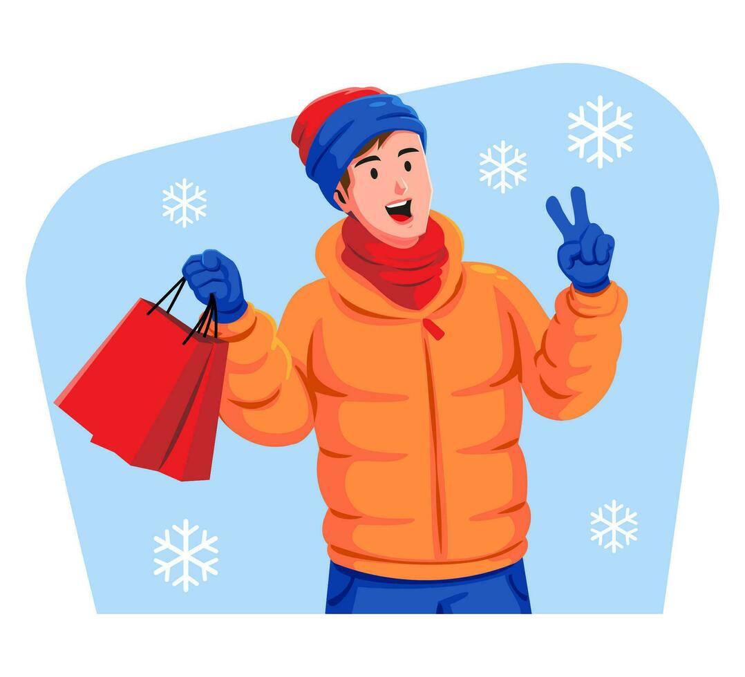 Winter sale and a man in warm clothes with shopping bags vector