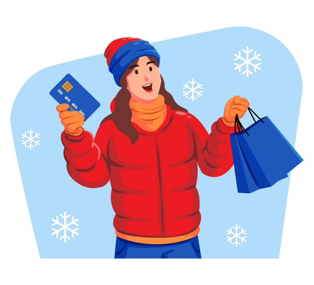 mujer en un invierno chaqueta con invierno sombrero y bufanda participación compras pantalones y crédito tarjeta vector