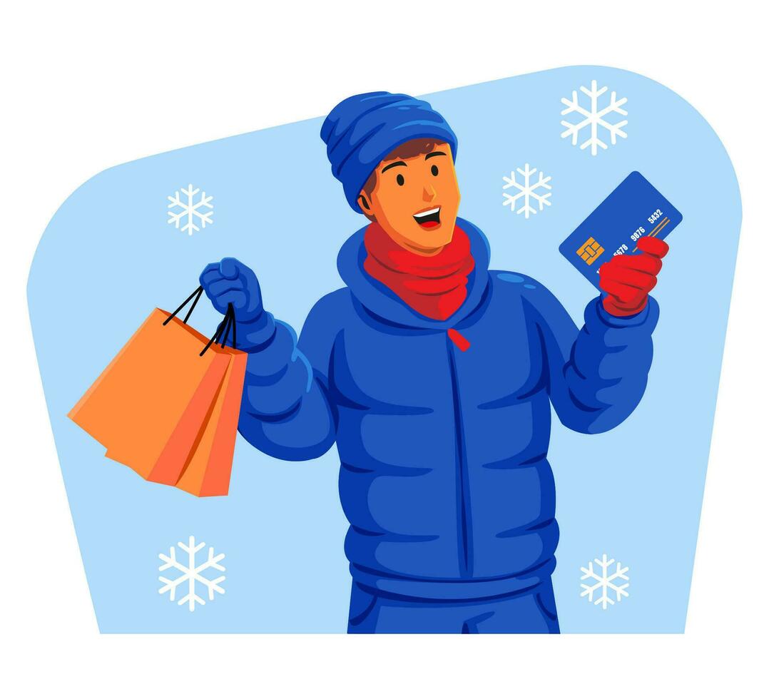 Man in a winter jacket with winter hat and scarf holding shopping bags and credit card vector