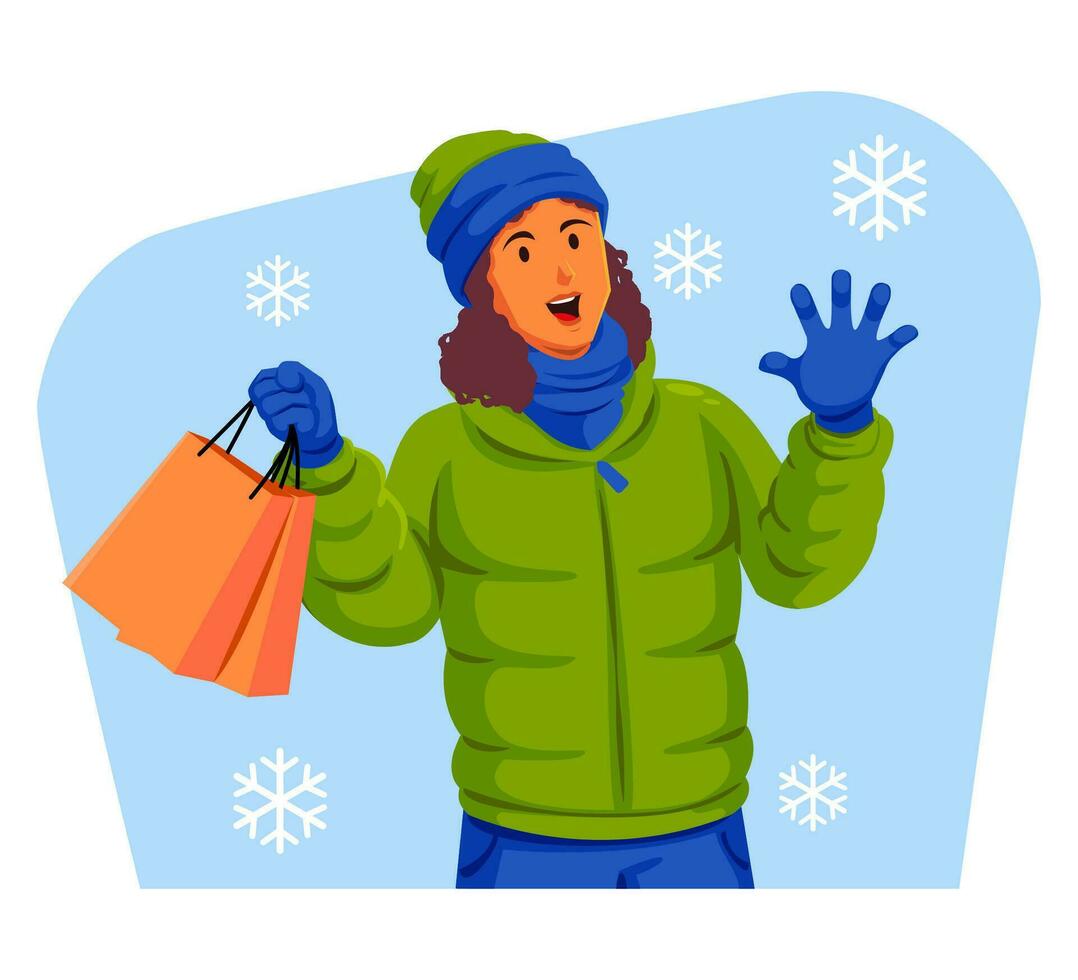 mujer en un invierno chaqueta con invierno sombrero y bufanda participación compras pantalones vector