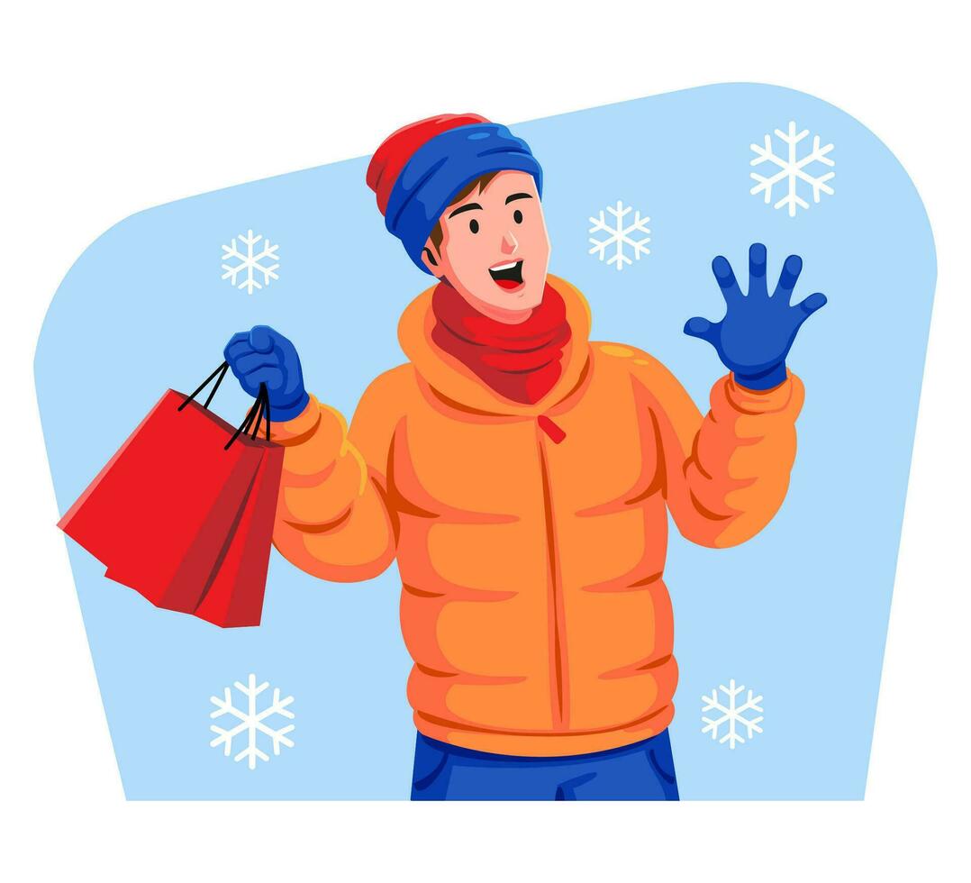 Winter sale and a man in warm clothes with shopping bags vector