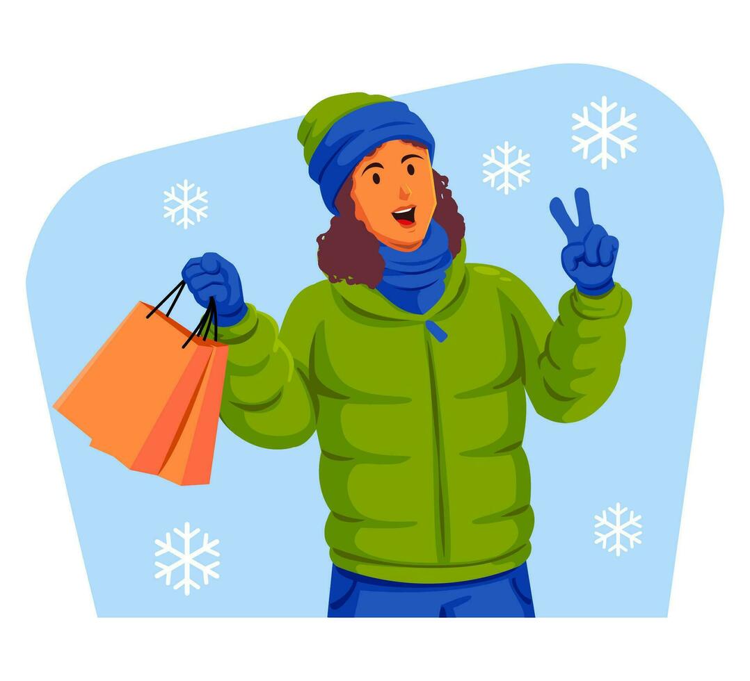 Woman in a winter jacket with winter hat and scarf holding shopping bags vector