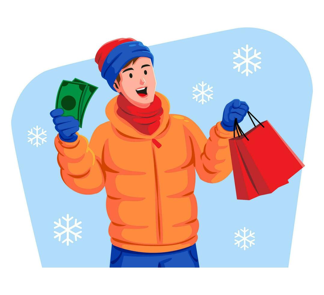 contento joven hombre en invierno ropa participación dinero y compras pantalones vector