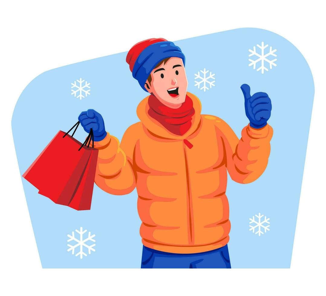 Winter sale and a man in warm clothes with shopping bags vector