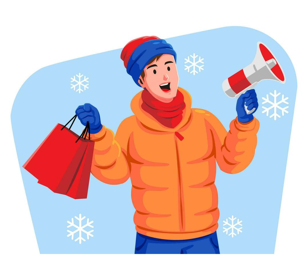 hombre en invierno ropa participación compras pantalones y megáfono vector