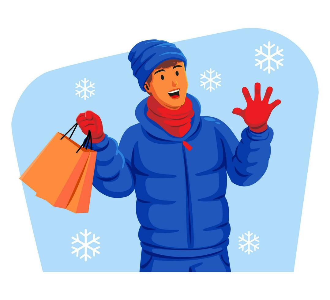 hombre en un invierno chaqueta con invierno sombrero y bufanda participación compras pantalones vector