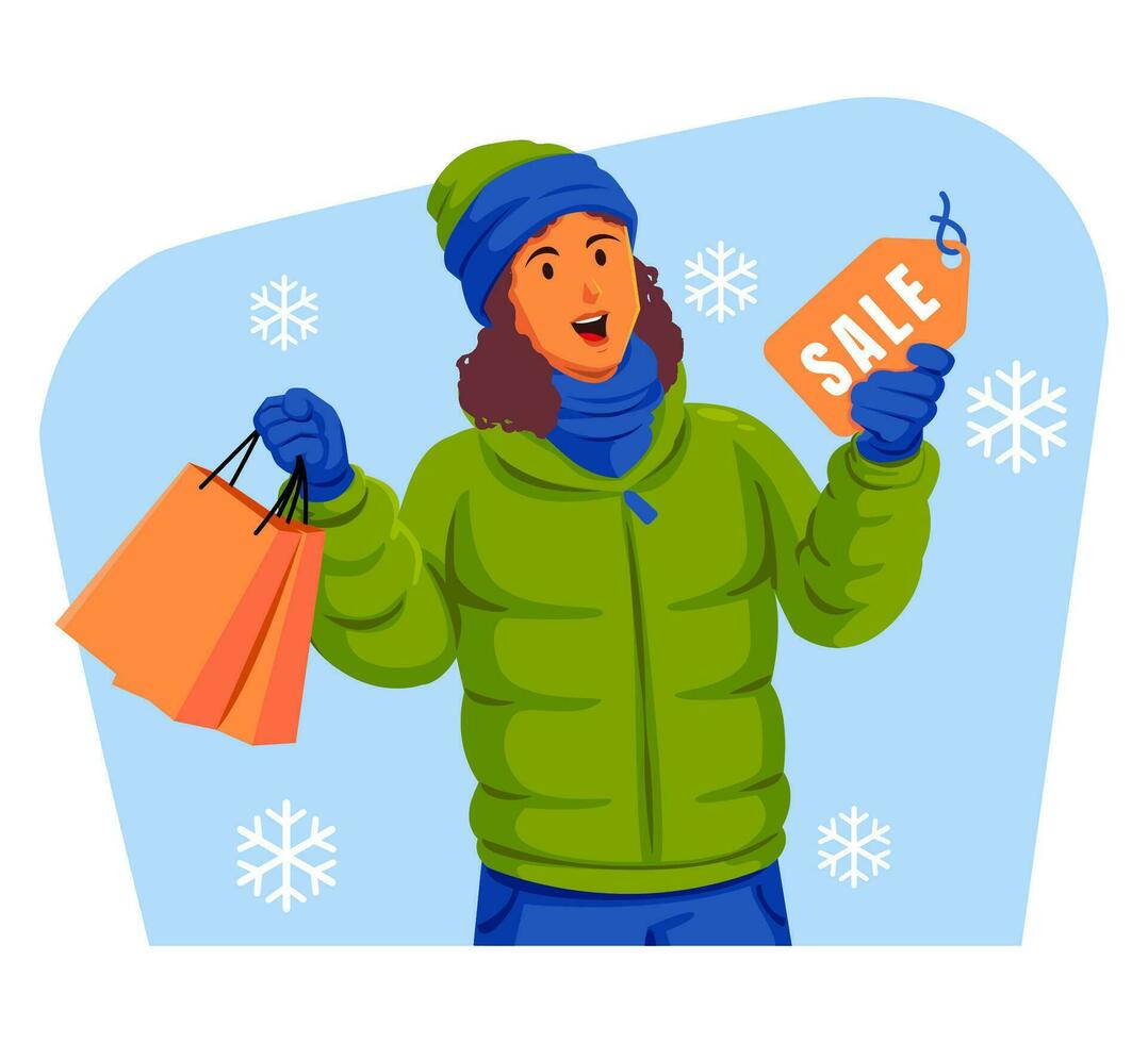 Woman in a winter jacket with winter hat and scarf holding shopping bags and sale label vector