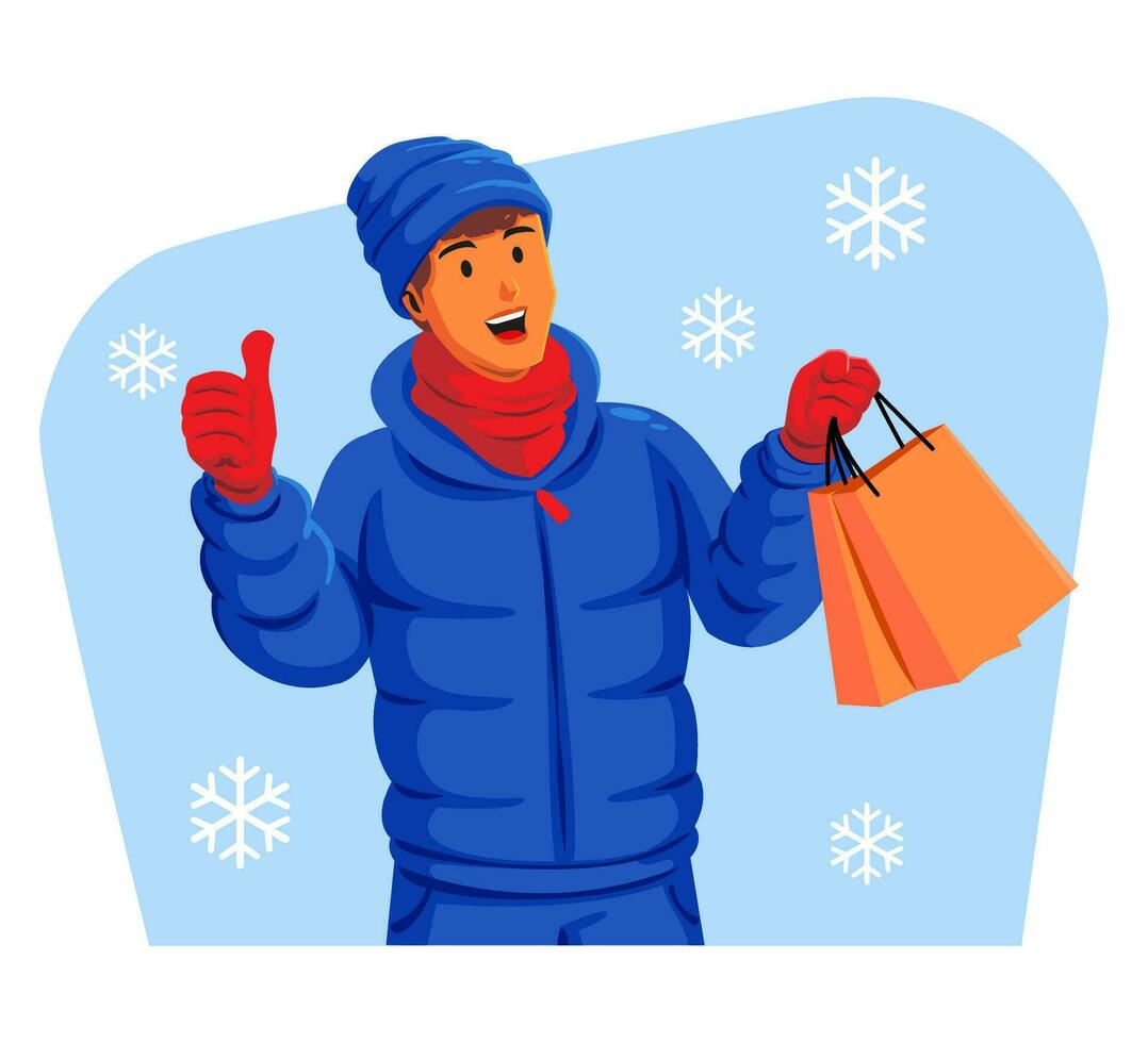 Man in a winter jacket with winter hat and scarf holding shopping bags vector