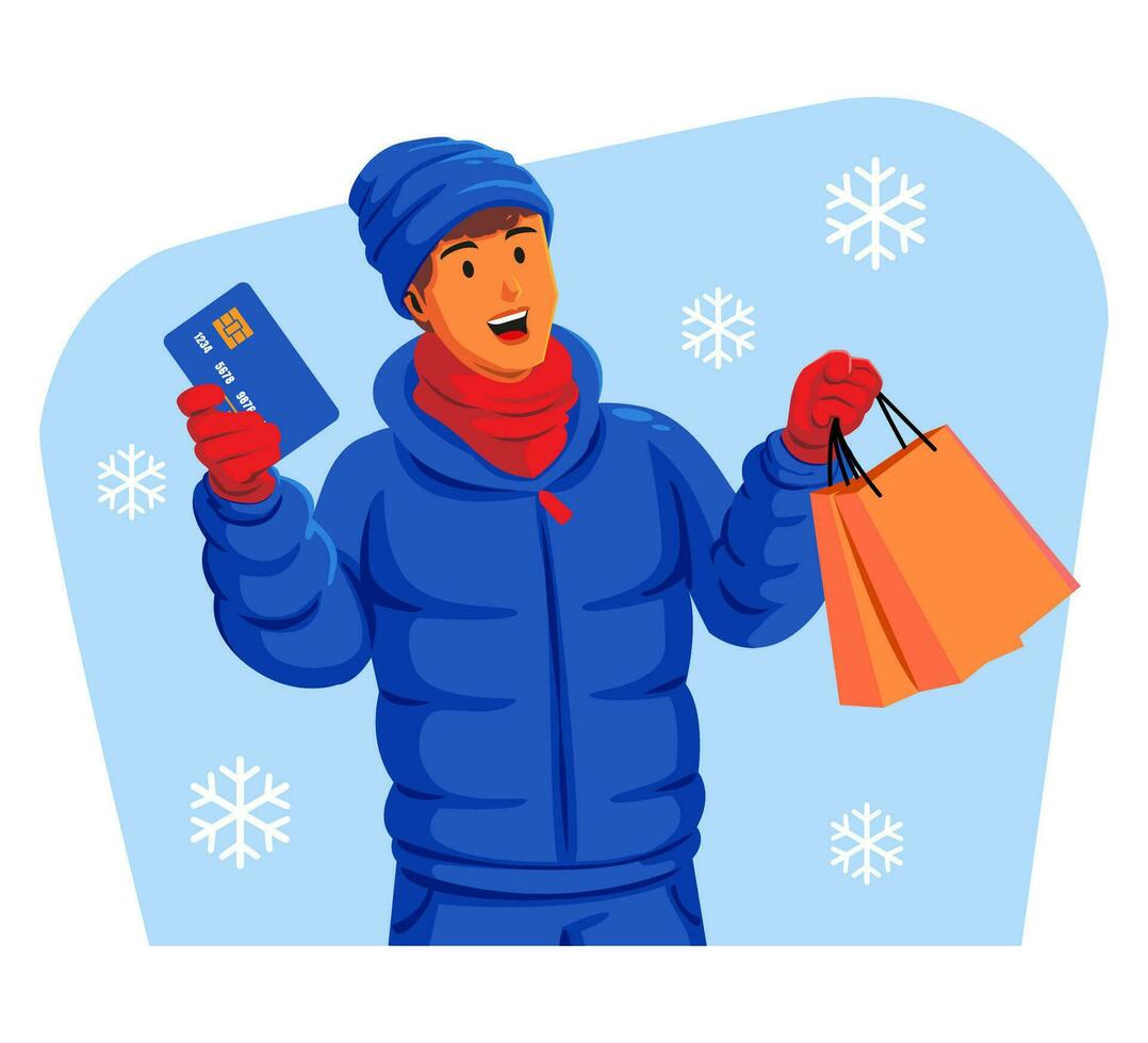 Man in a winter jacket with winter hat and scarf holding shopping bags and credit card vector