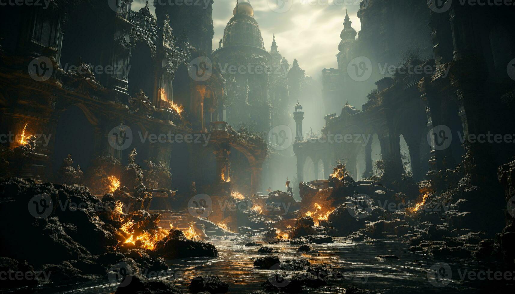 AI generated Spooky old ruin, dark mystery, foggy night, burning flame generated by AI photo