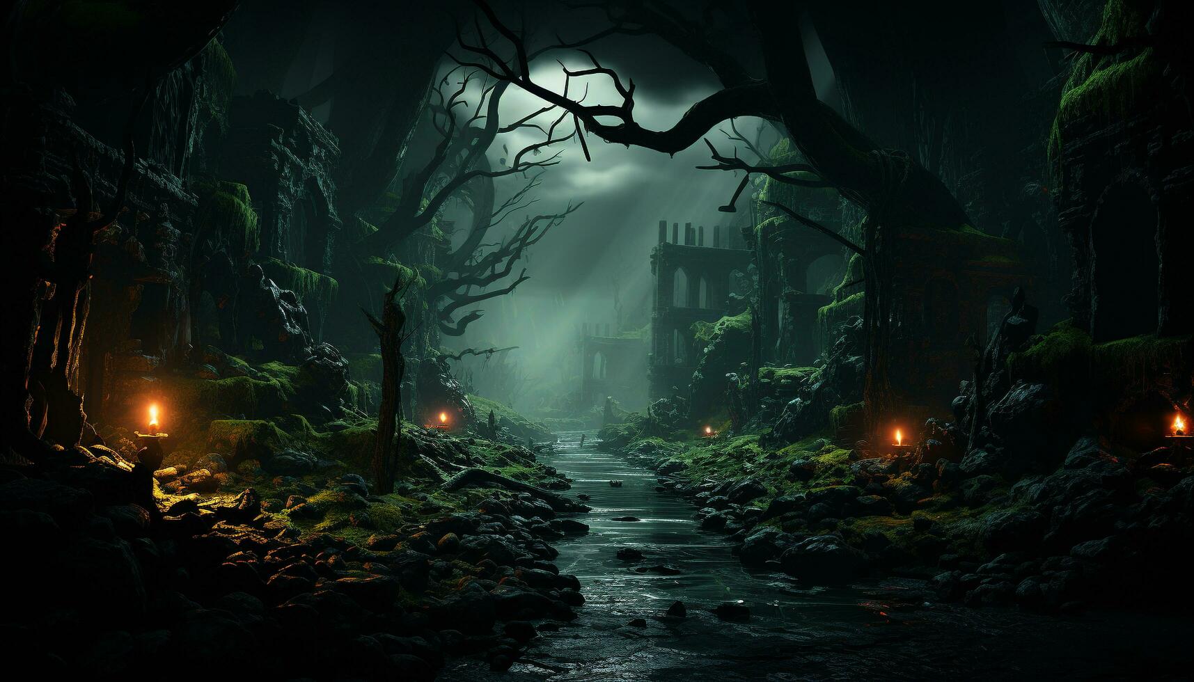AI generated Spooky forest, dark mystery, evil tree, horror night, foggy outdoors generated by AI photo