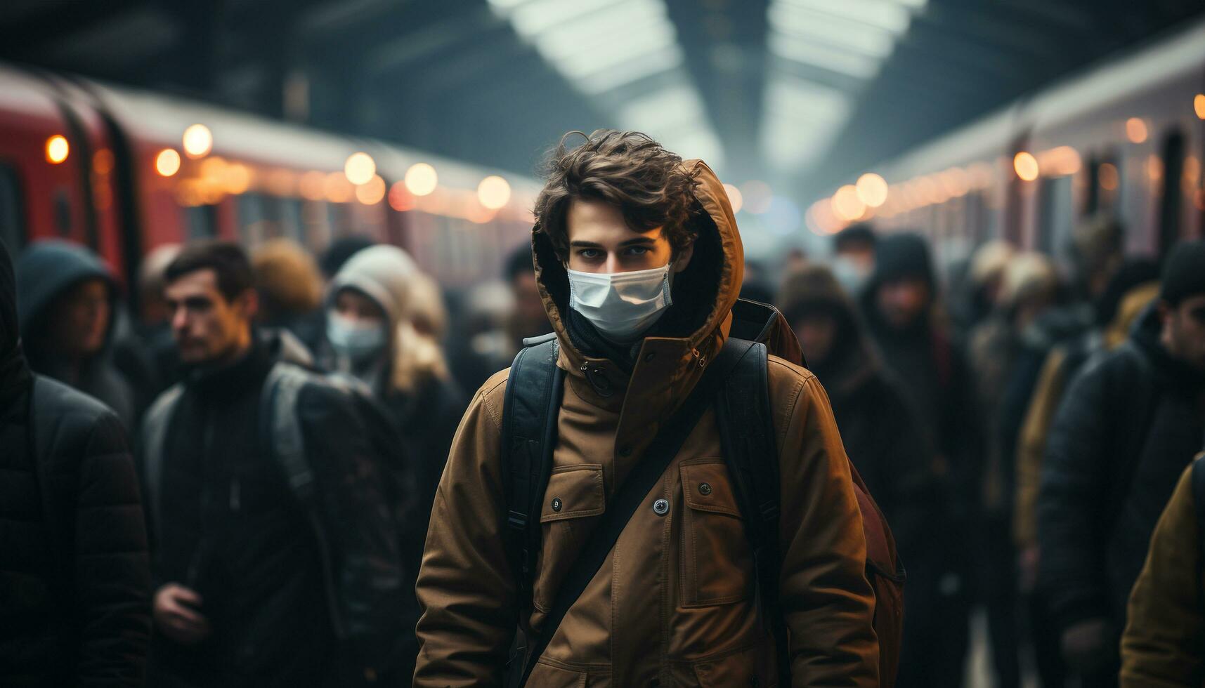 AI generated Young adults walking in a crowded subway station at night generated by AI photo