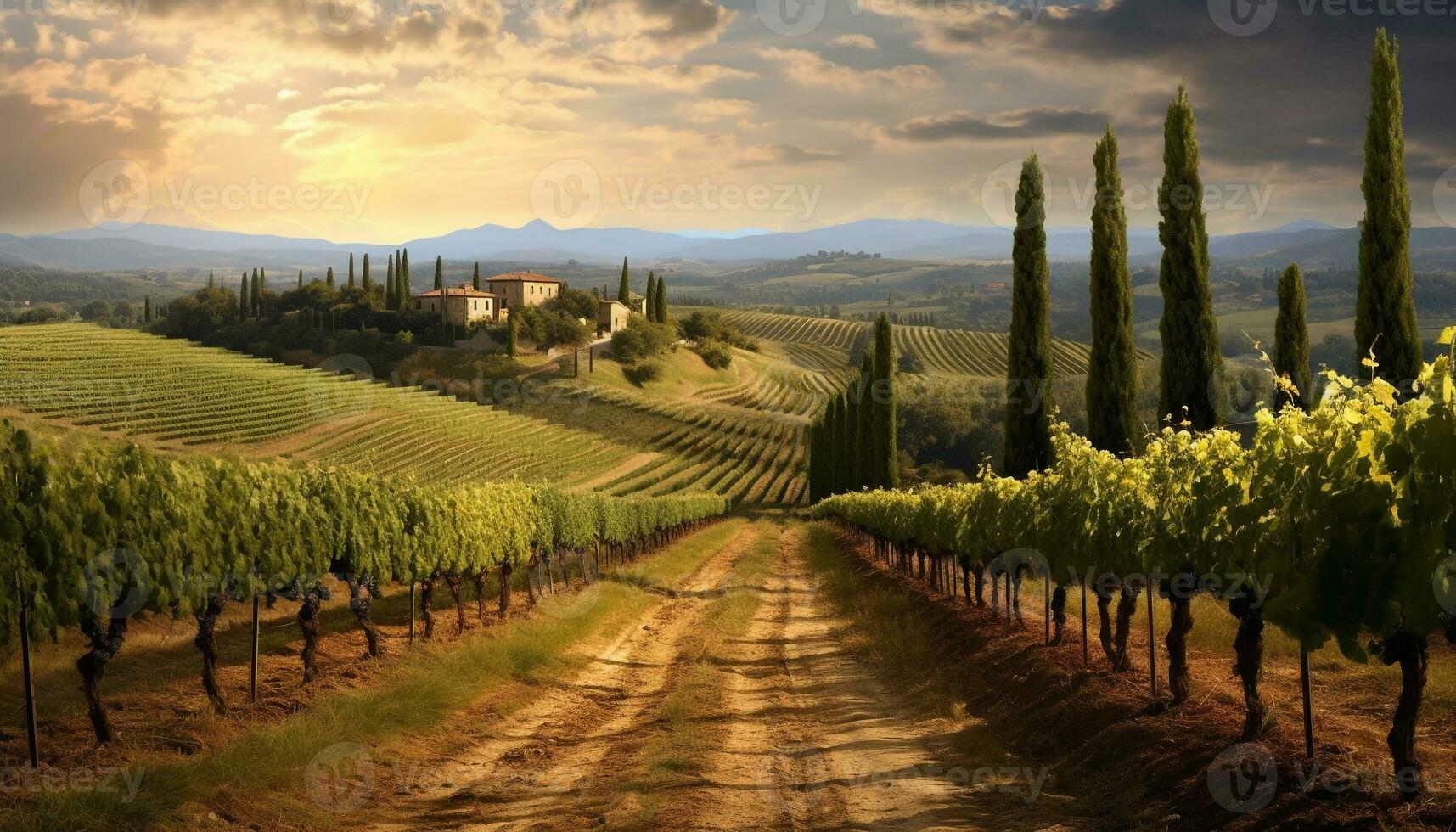 AI generated Sunset over a tranquil vineyard, nature winemaking masterpiece generated by AI photo