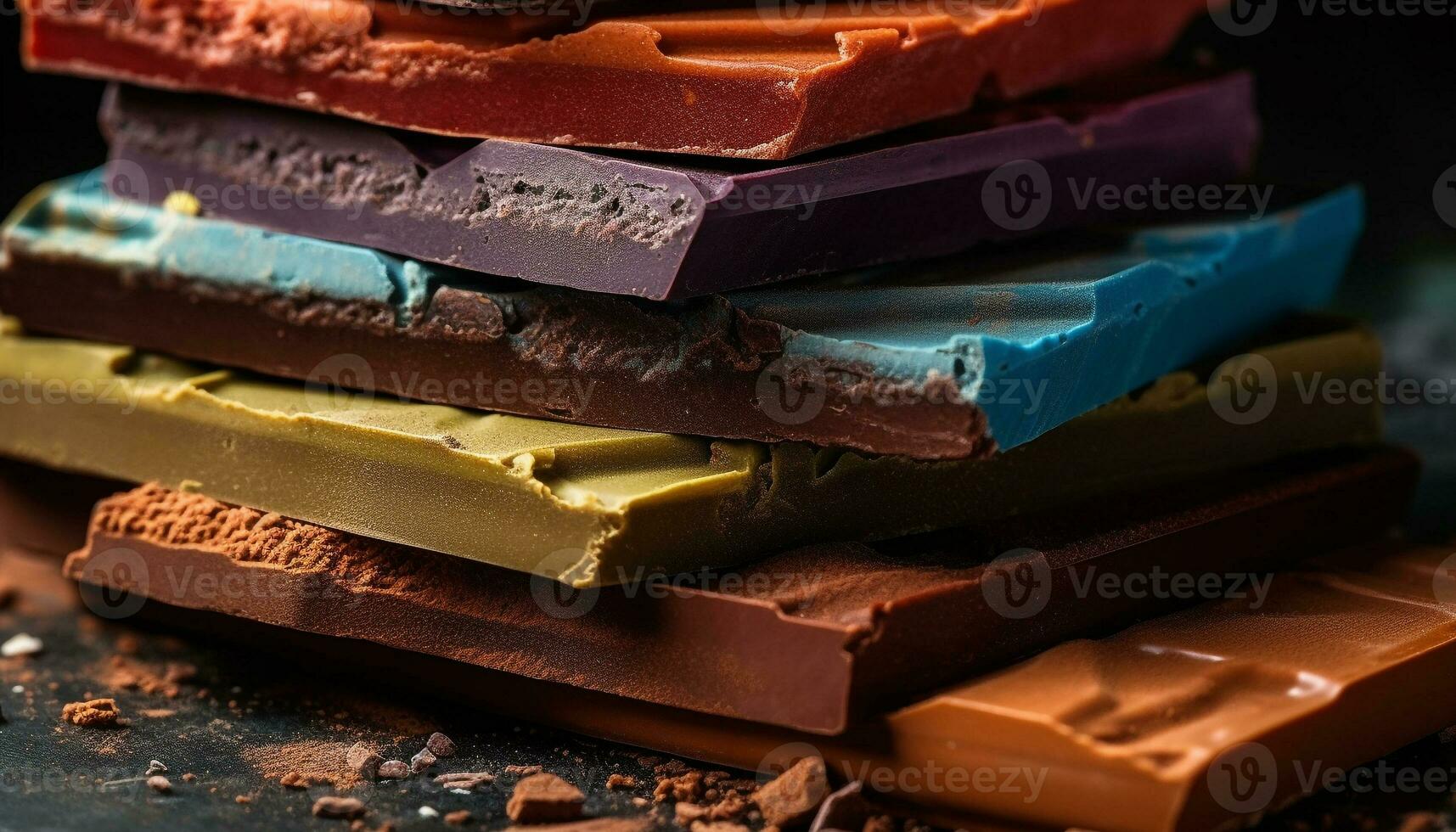 AI generated A heap of broken chocolate bars, a tempting indulgence generated by AI photo