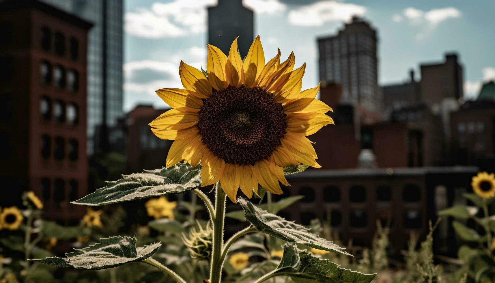 AI generated Sunflower in nature, yellow flower, leaf, summer plant outdoors generated by AI photo