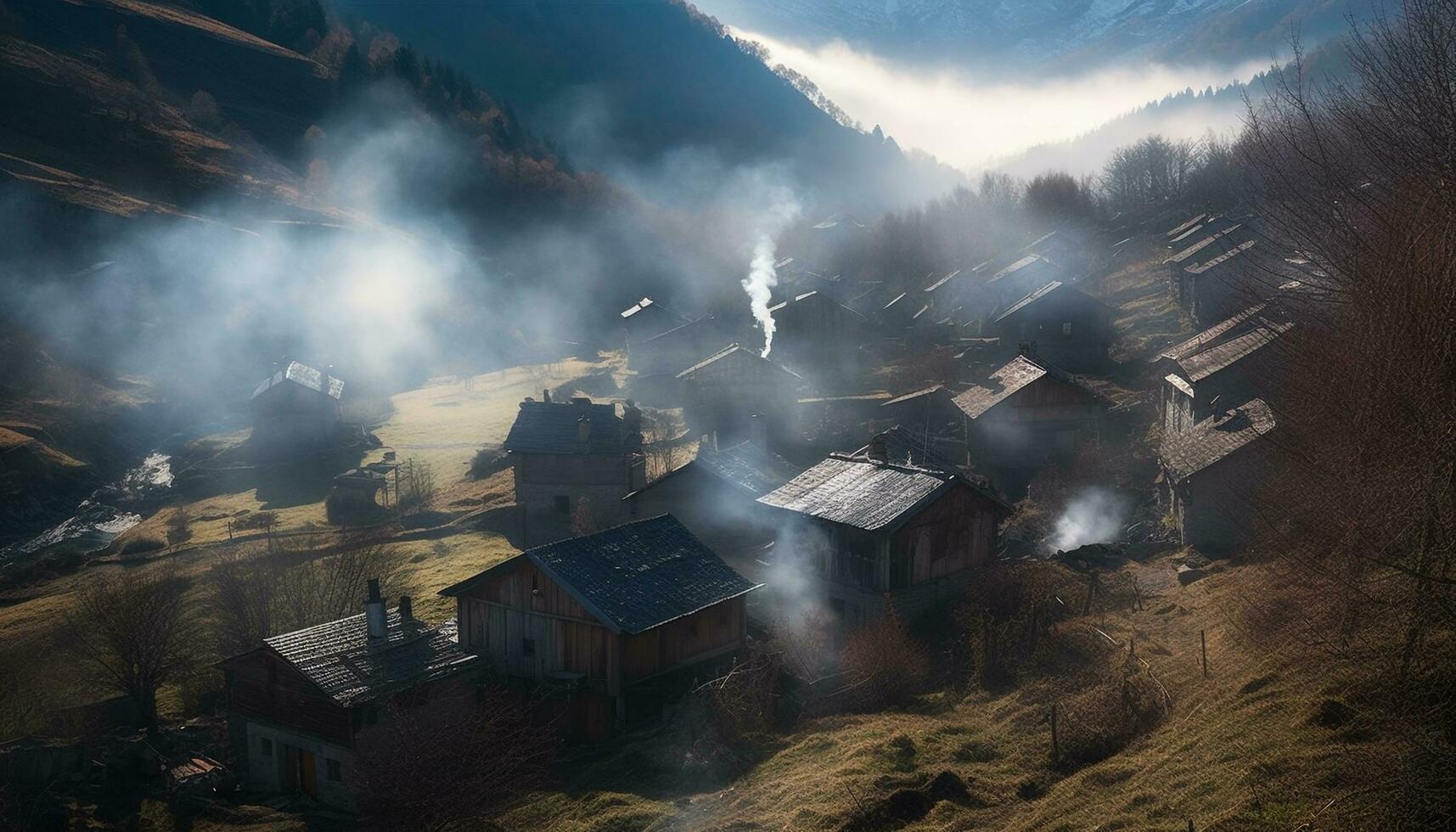 AI generated Mysterious mountain hut, engulfed in fog, stands amidst snowy landscape generated by AI photo