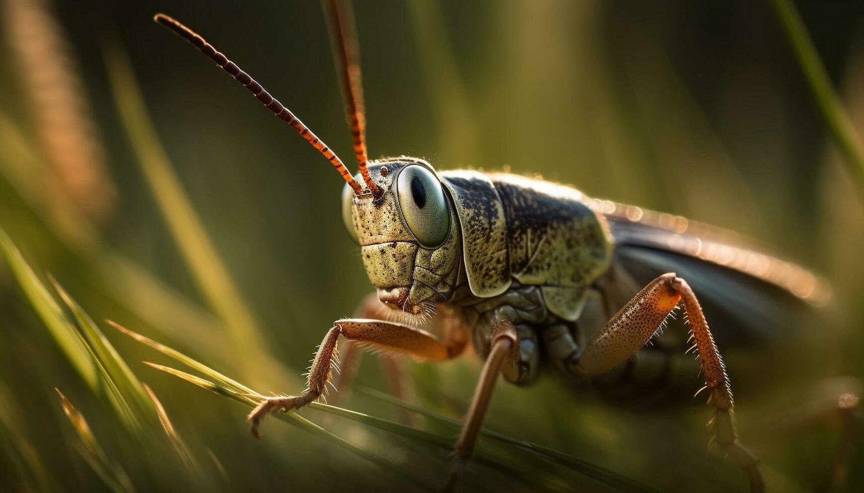 AI generated Close up of a green locust on a small leaf in nature generated by AI photo