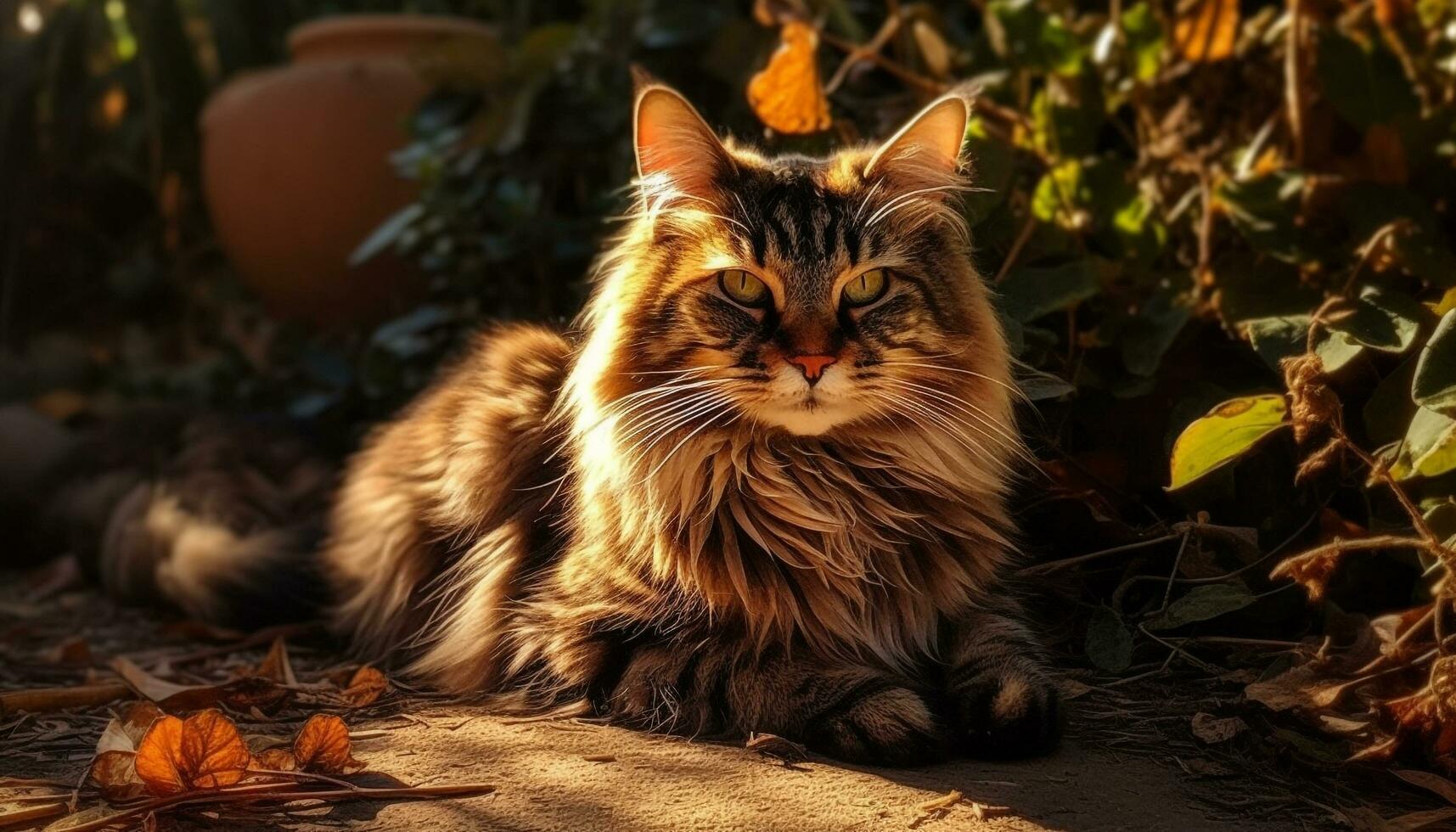 AI generated Cute kitten sitting on yellow grass, surrounded by autumn leaves generated by AI photo