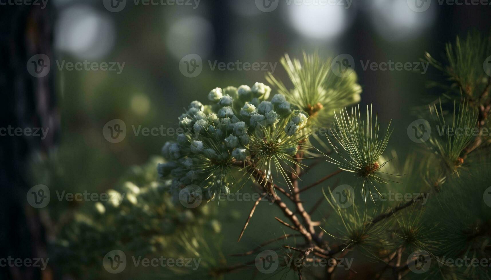 AI generated Green coniferous tree branch with yellow flower head in foreground generated by AI photo