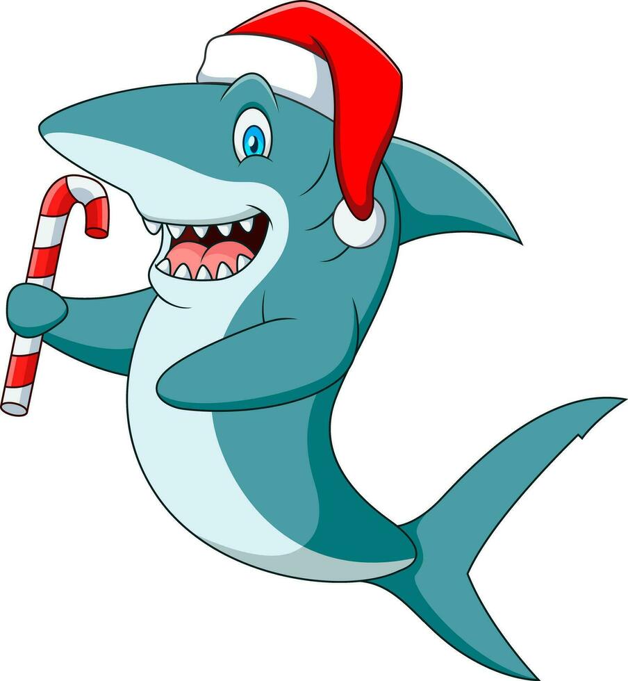 Cute cartoon shark in a santa hat holding candy cane vector