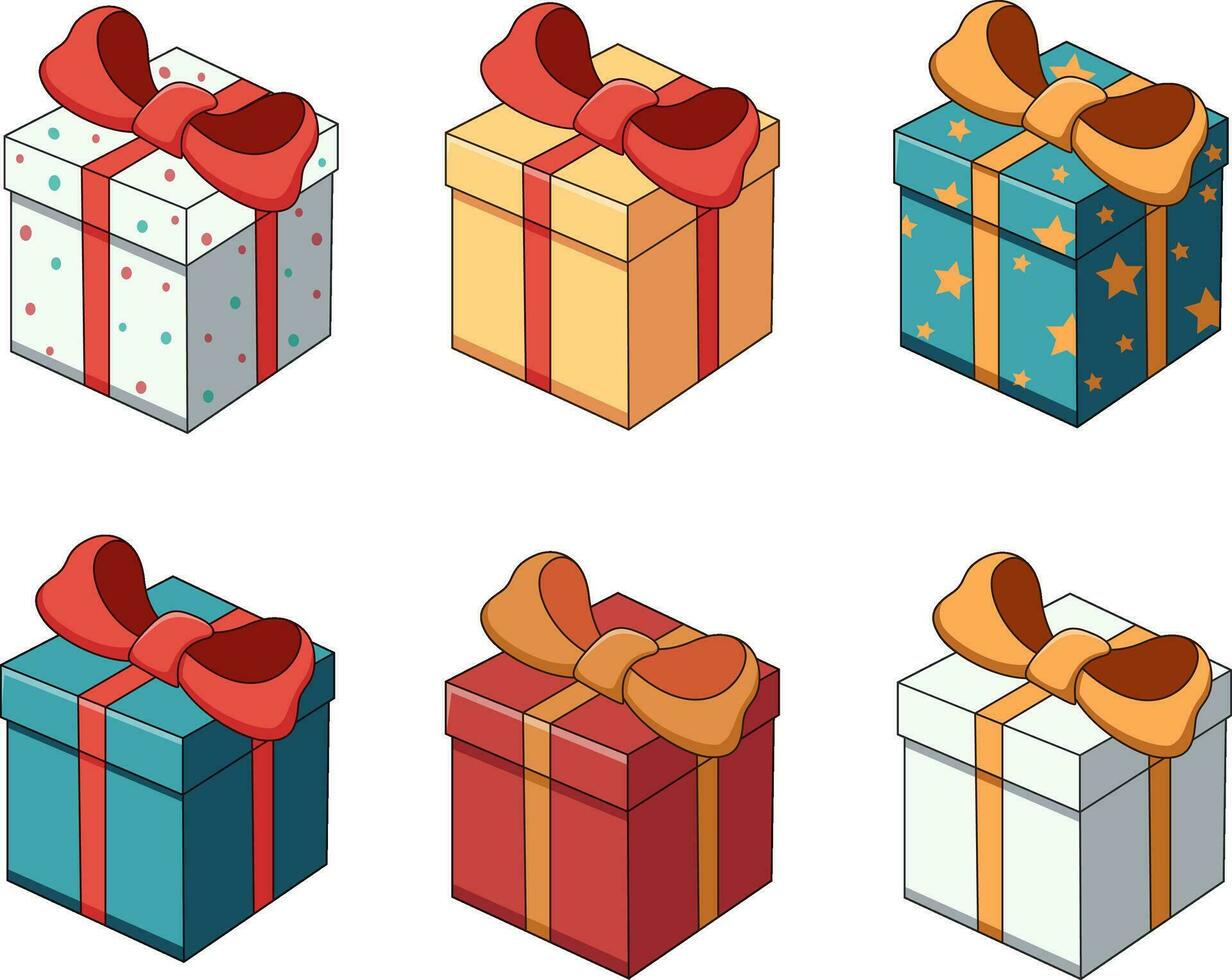 Collection of cartoon illustrations of gift boxes in various colors vector