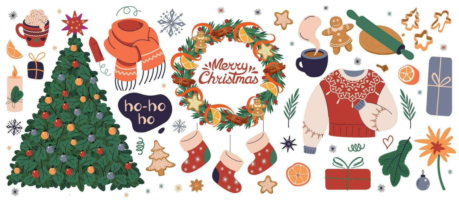 Big Christmas set of festive cozy elements. Xmas ornament, gifts, candles and gingerbread bundle. Colored flat vector illustrations isolated on white background. Lettering. Scrapbook collection.