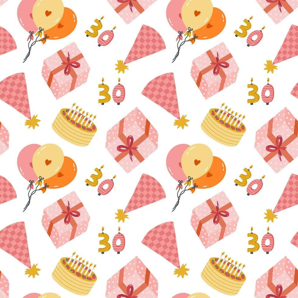 Seamless pattern with birthday cake, party hat, balloon, candle in cute doodle style. Childish design with holiday clipart for wrapping paper, print, fabric, scrapbook. Bright festive background. vector
