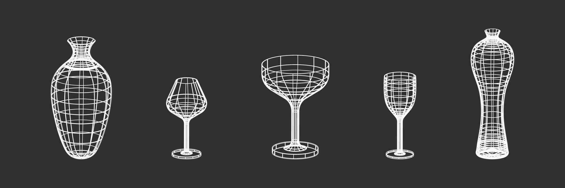 Set of glasses, bottle and vase made of wire frame shapes. White on dark background linear retro design elements. 3D. Y2k . Vector illustration for social media or posters.