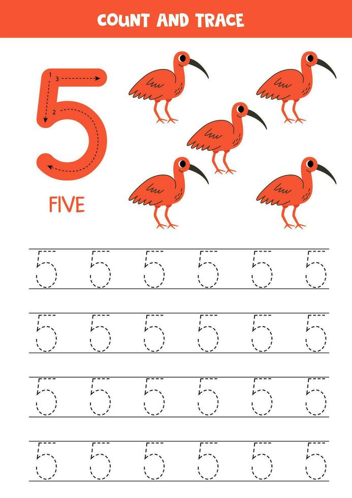 números rastreo práctica. escritura número cinco. linda dibujos animados escarlata ibis. vector