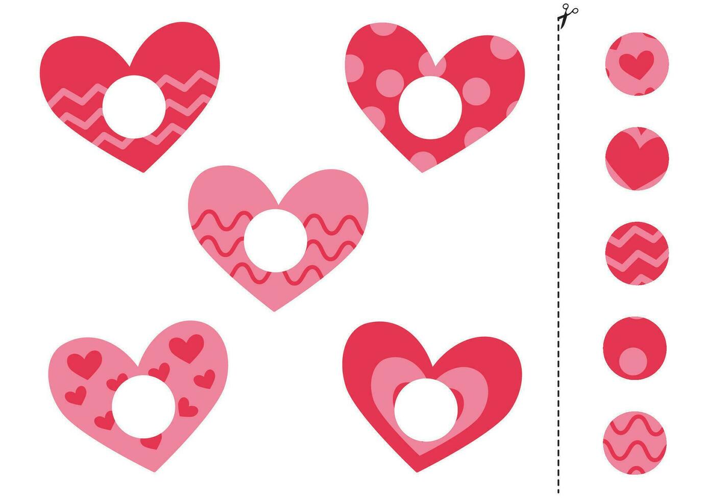 Cut and glue parts of cute cartoon pink valentine hearts. vector