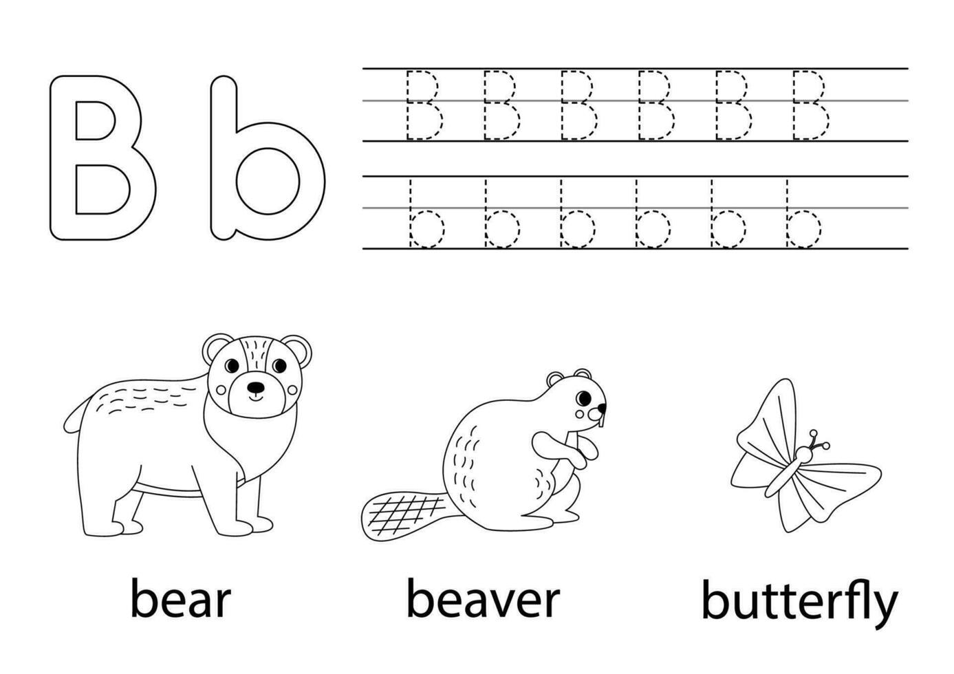 Trace uppercase and lowercase letter B. Animal alphabet for kids. vector