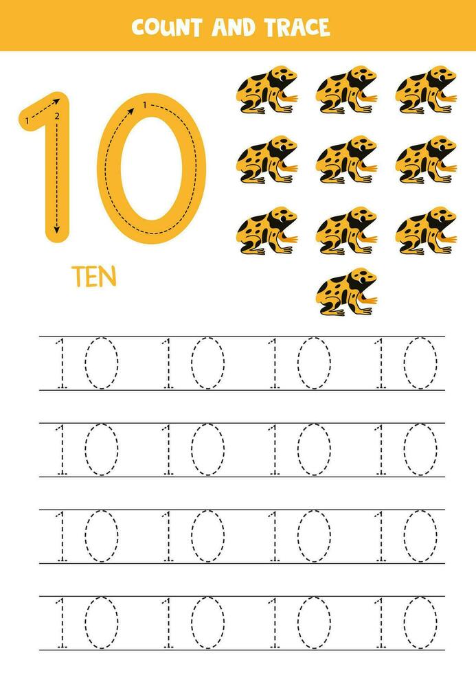 Numbers tracing practice. Writing number ten. Cute cartoon yellow banded poison dart frogs. vector