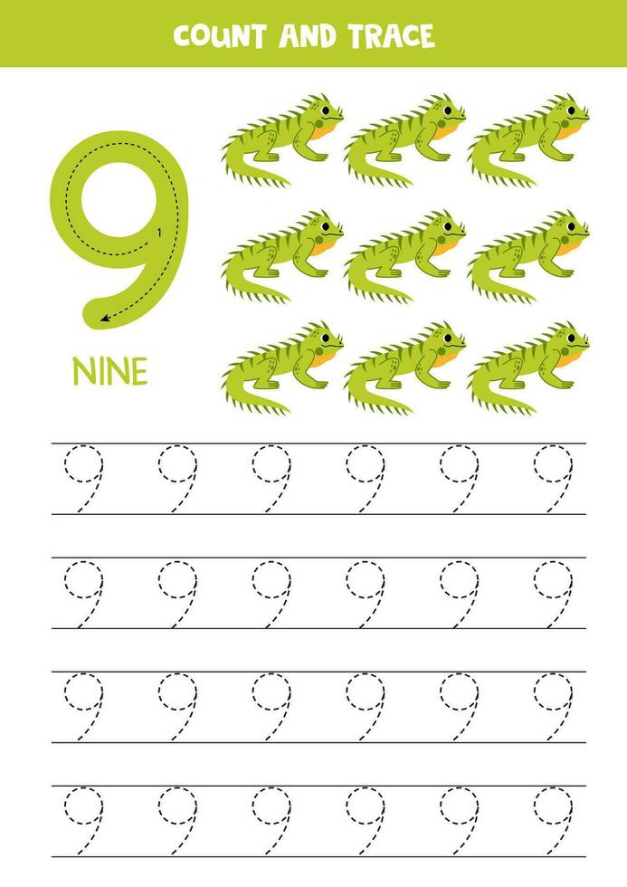 Numbers tracing practice. Writing number nine. Cute cartoon iguanas. vector