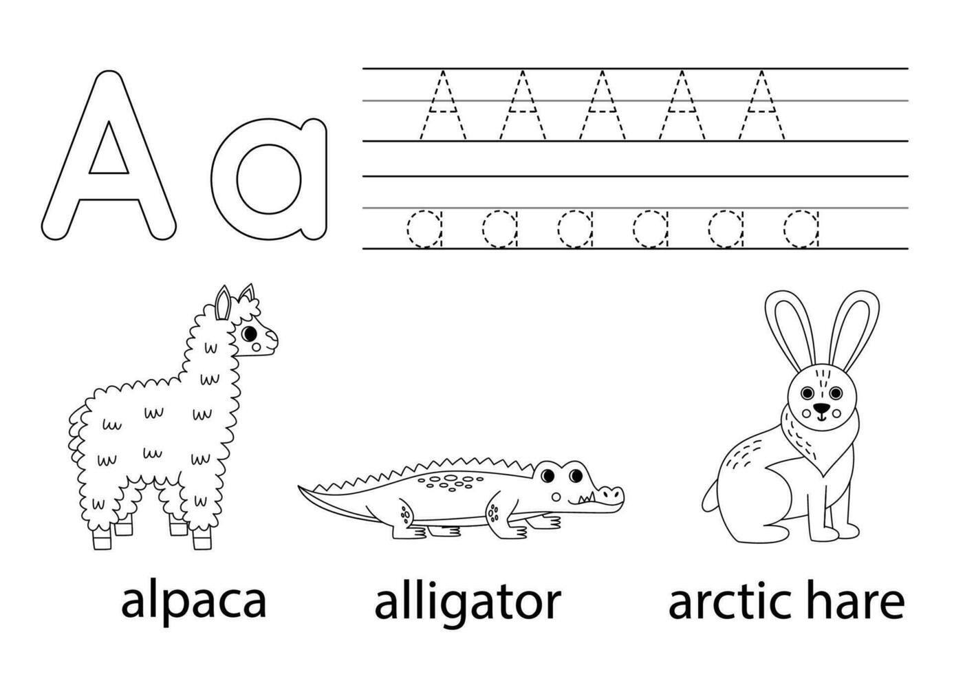 Trace uppercase and lowercase letter A. Animal alphabet for kids. vector