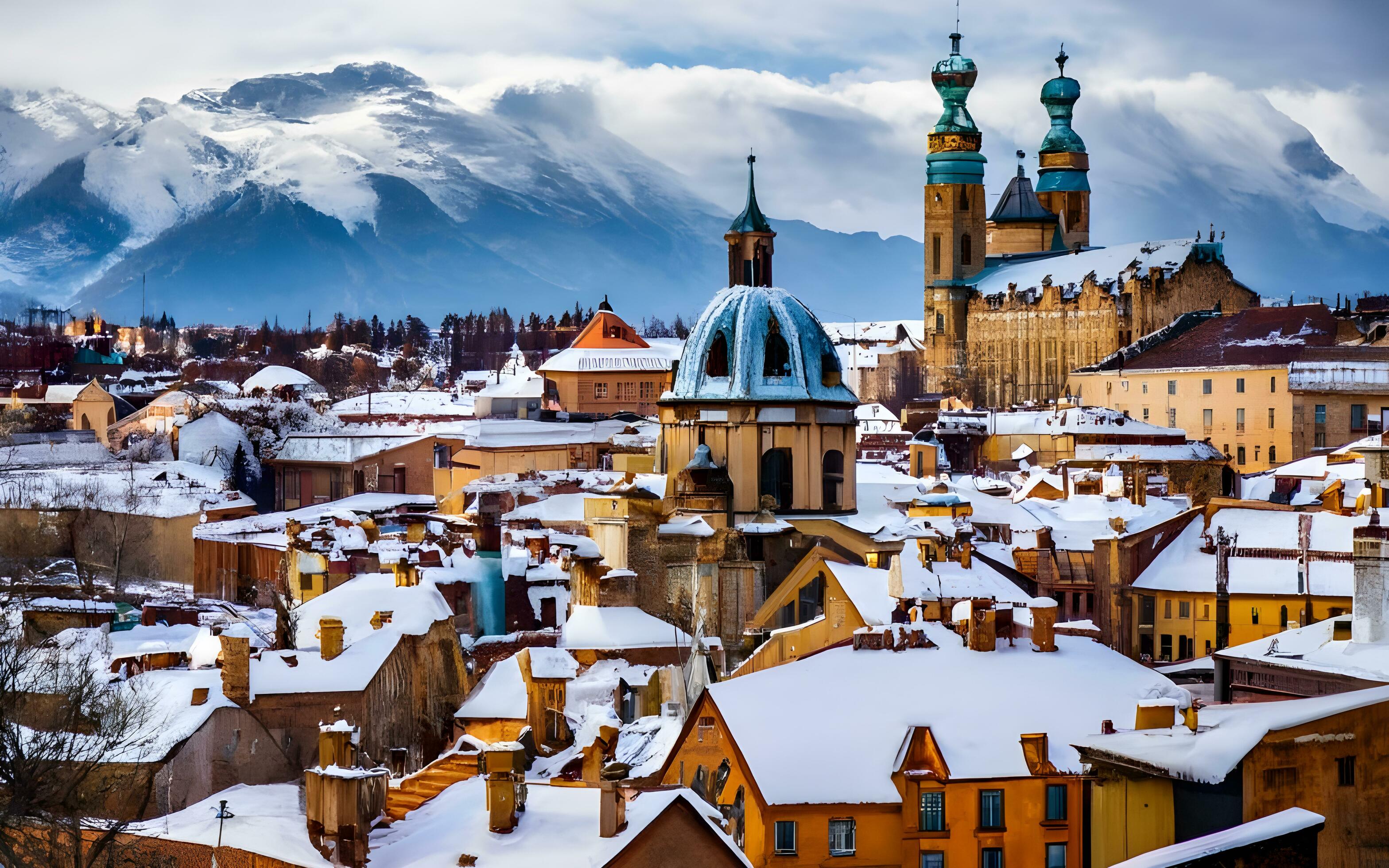 AI generated Enchanting Winter Tapestry, Snow-Kissed Rooftops of a 