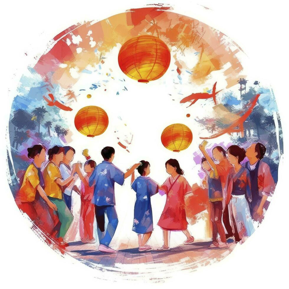 AI generated Lantern Festival in watercolor style. T-shirt Design. AI Generated photo