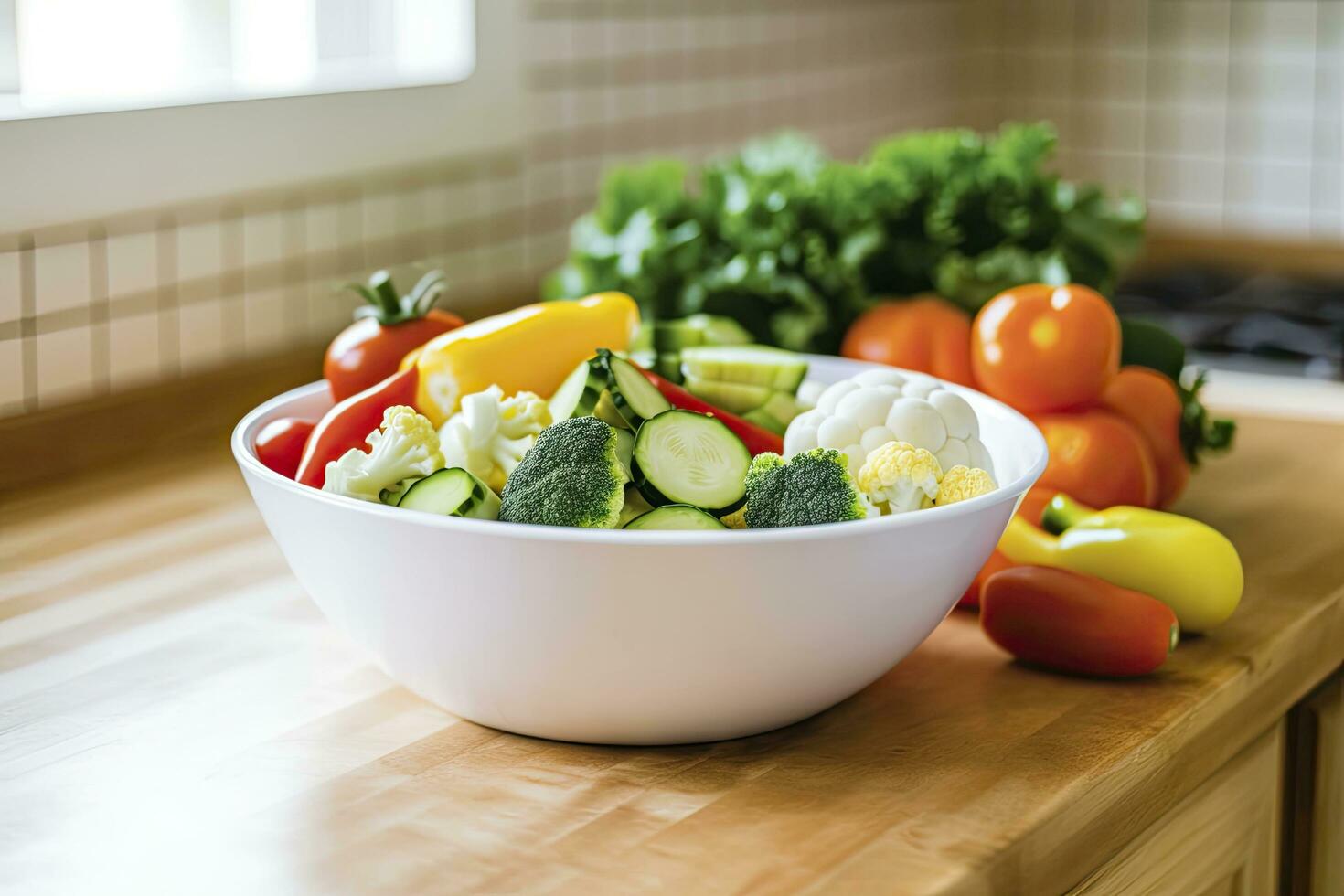 AI generated Kitchen still life with white bowl of washed vegetables on wooden desk. AI Generated photo