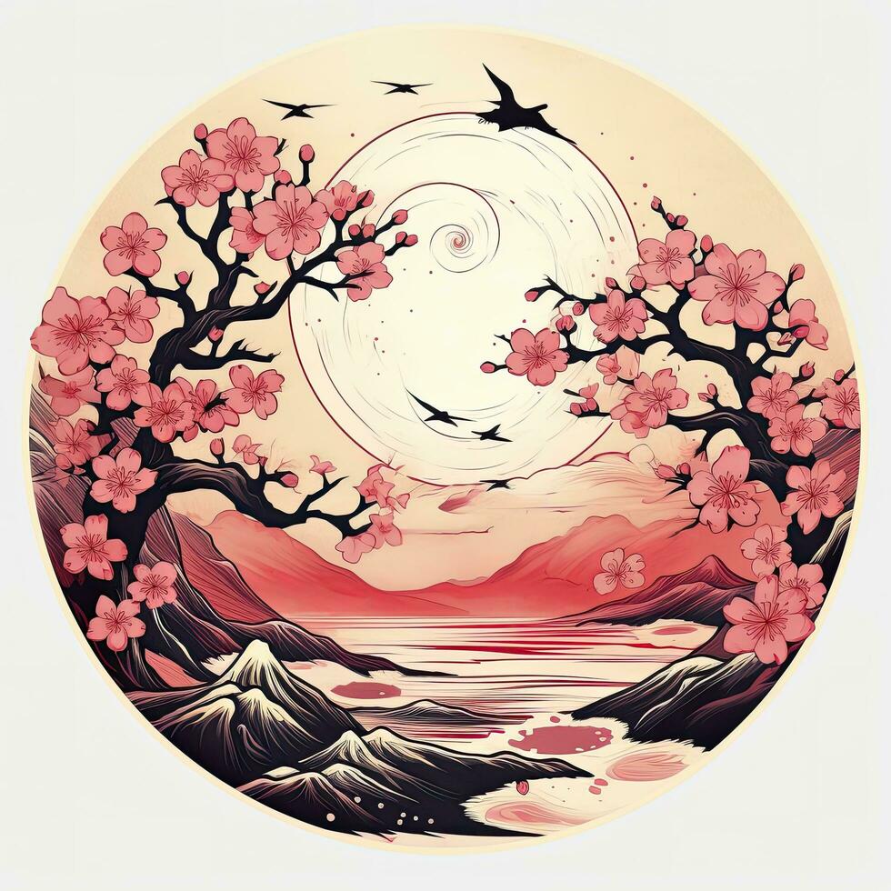 AI generated Cherry blossoms in the sunset background. Japanese tattoo style. AI Generated photo