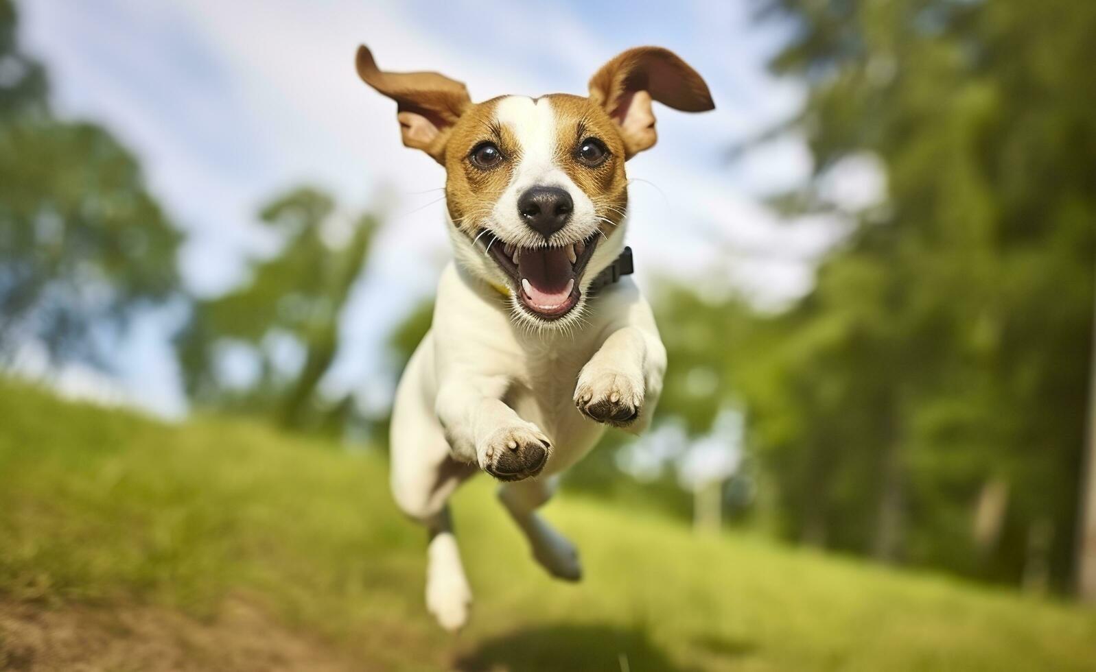 ai generado Jack rusia párroco perro correr hacia el cámara bajo ángulo alto velocidad disparo. ai generado foto