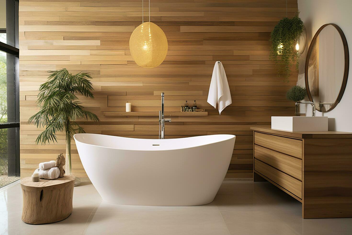 AI generated Interior of stylish bathroom with wooden cabinet, sink, bathtub, and mirror. AI Generated photo